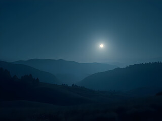 Obraz premium The Calm of Moonlight on a Quiet Landscape: The calmness of moonlight softly washes over a quiet landscape. The distant hills and valleys, bathed in silver light, appear serene and peaceful.