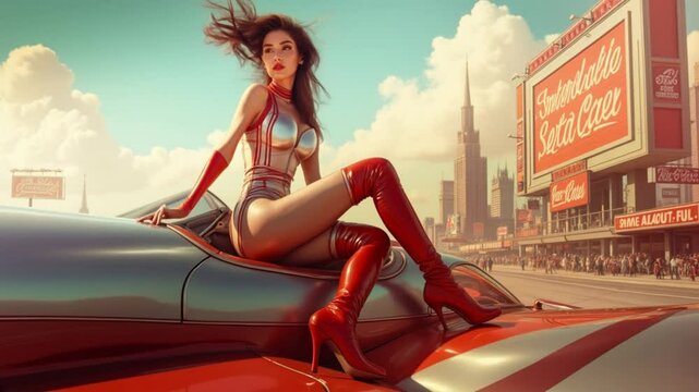 Past future world where classic James Bond AI girl's glamour meets sleek, retro-futuristic atomic vibes