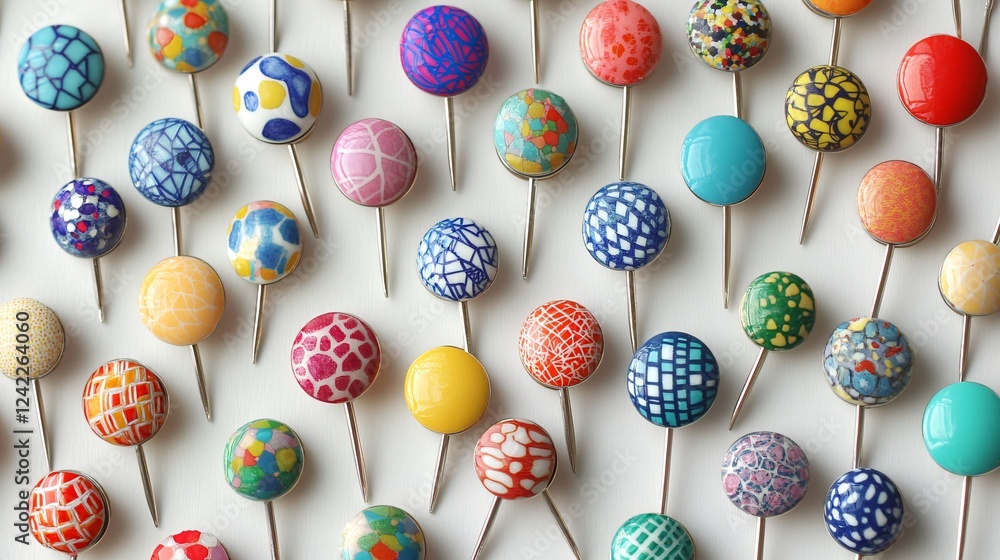Aufkleber vibrant push pins with assorted designs resting on a white surface