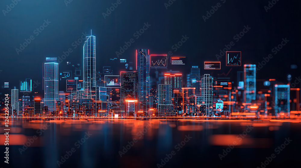 Poster high tech cityscape featuring illuminated skyscrapers and data analytics icons, showcasing futuristic urban environment filled with digital charts and graphs