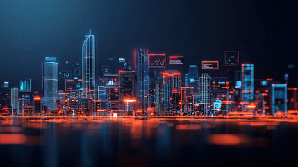high tech cityscape featuring illuminated skyscrapers and data analytics icons, showcasing futuristic urban environment filled with digital charts and graphs