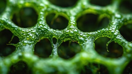 Green plant with holes, close-up, with dew, background blurred, for design
