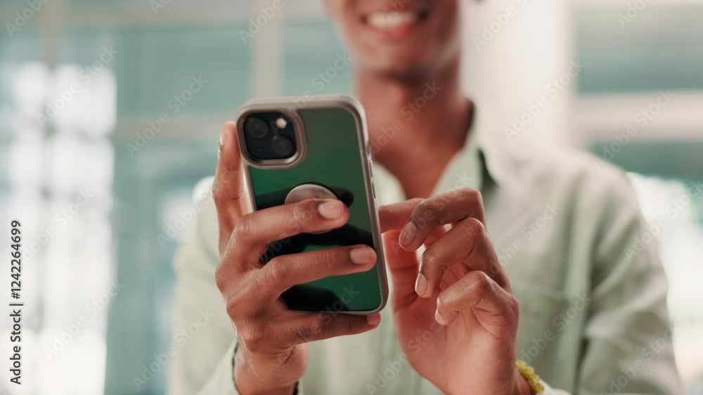 Poster hands, phone and texting in office at startup with contact, chat and notification with smile for dea