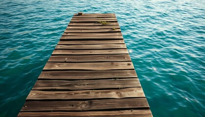 Fototapeta premium Rustic Wooden Dock Extending Over Teal Lake Water