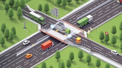 Isometric view of a highway interchange with vehicles and futuristic transfer system