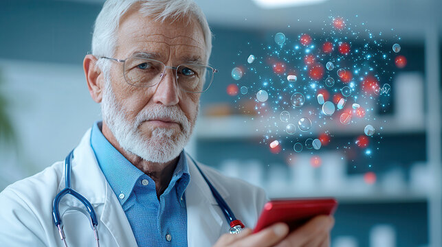 Senior doctor using smartphone with holographic pill dispenser, showcasing digital health technology and medication management. blend of innovation and healthcare