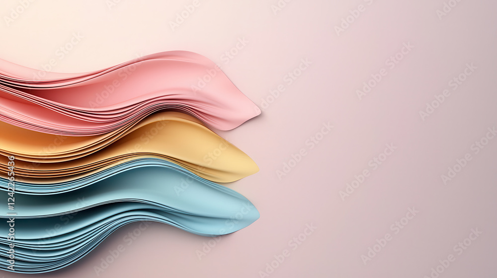 Poster luminous pastel gradient background with flowing paper waves in pink, yellow, and blue, creating sof
