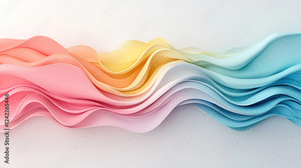 Poster luminous pastel gradient waves in soft pink, yellow, and blue tones create serene and airy backgroun