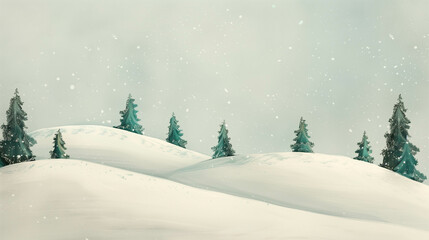 Fototapeta premium Snow-covered rolling hills and evergreen trees with gentle snowfall in tranquil winter landscape