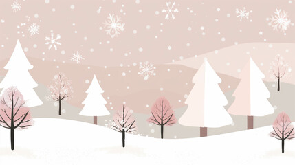 Fototapeta premium Whimsical snowy landscape illustration with pink trees, soft snowfall, and winter charm