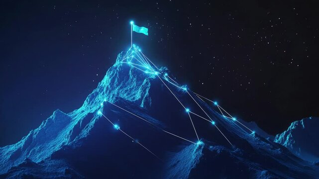 A digital mountain peak with glowing blue lines and an illuminated flag on top, symbolizing the goal of technological innovation in global network security for big data