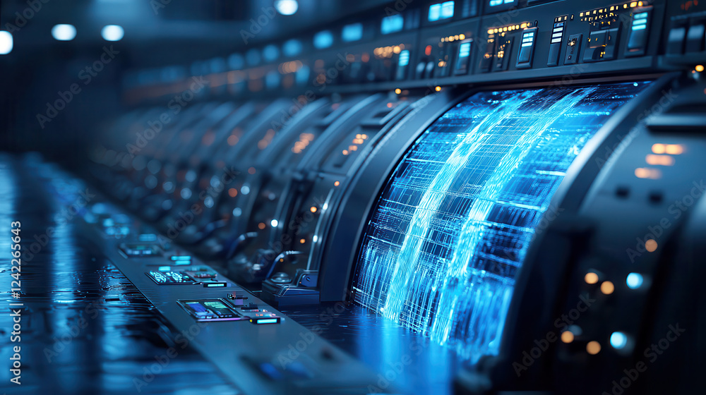 Aufkleber futuristic control panel with glowing screens displaying data and holograms, creating high tech atmosphere. intricate design suggests advanced technology and innovation