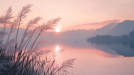 Serene landscape with reeds at sunset, reflecting on a calm lake with mountains in the distance