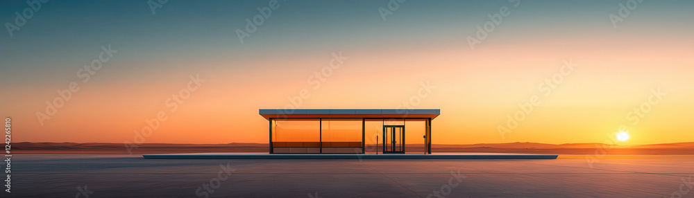 Poster minimalist bus terminal in remote desert at sunset, showcasing sleek architecture and expansive views. serene atmosphere evokes sense of tranquility and isolation