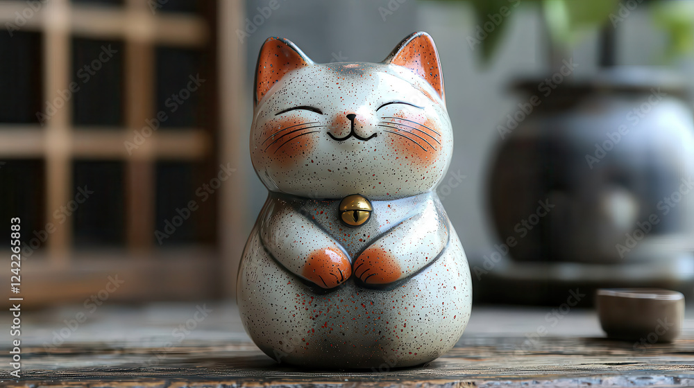 Poster charming ceramic cat figurine with glossy finish, featuring smiling expression and small bell. this 
