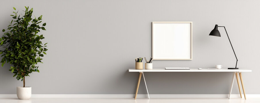 minimalist home office featuring clutter free workspace, potted plant, and stylish lamp. neutral wall color enhances serene atmosphere