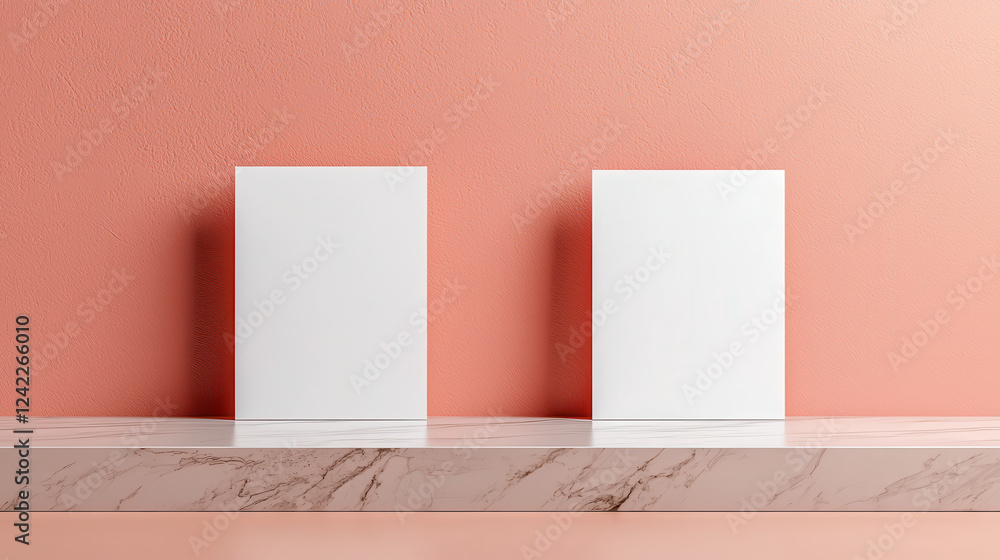 Poster minimalistic composition featuring two blank white panels against pastel pink wall, creating serene 