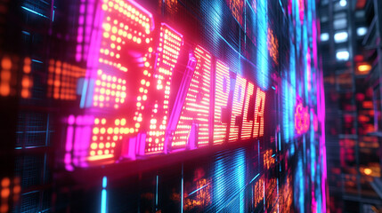 Obraz premium Digital art depicting an abstract futuristic urban scene with glowing holographic billboards, bright neon typography, and a cyberpunk aesthetic
