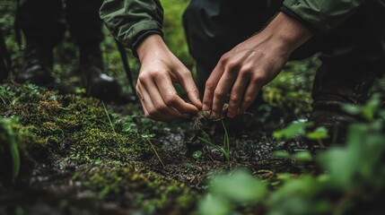 Person foraging for edible mushrooms in a lush forest environment