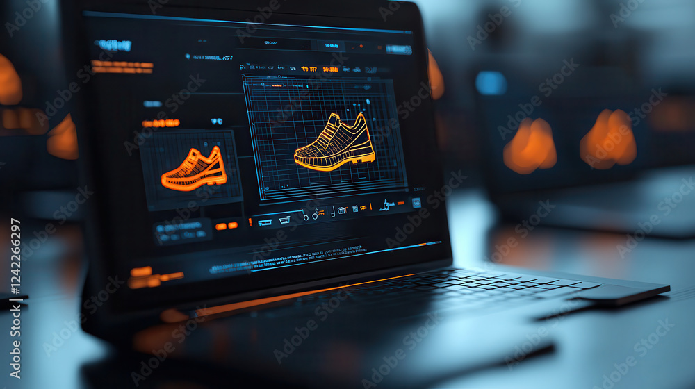 Leinwandbilder laptop displaying digital design of sneaker with futuristic interface. screen features orange graphics and technical details, showcasing advanced technology in footwear design