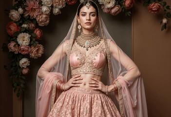 A bride in a stunning pink lehenga choli, adorned with intricate gold embroidery, poses elegantly against a floral backdrop. She wears a matching dupatta and exquisite gold jewelry.