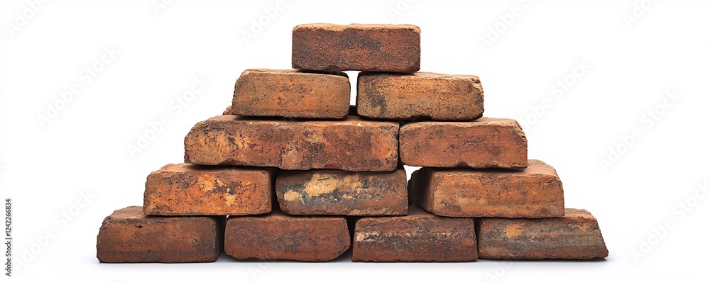 Poster neatly arranged stack of old reclaimed bricks forming a pyramid