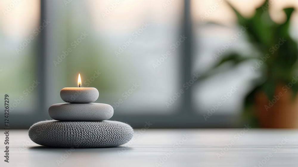 Poster serene meditation space featuring stacked stones and lit candle, creating calming atmosphere with so