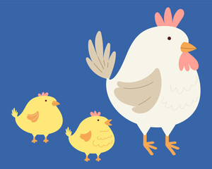 Hen and chicks set. Vector flat illustration. Cartoon cute illustrations.	