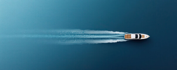 speedboat cutting through open sea, leaving white trail on calm blue water. scene captures essence of adventure and freedom on ocean