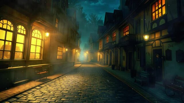 Enchanted evening in a cobblestone street, illuminated by warm lights, with a mysterious figure nearby