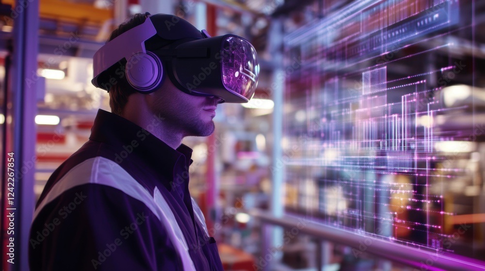 Poster industrial engineer wearing a virtual reality headset analyzes data on a transparent digital screen,