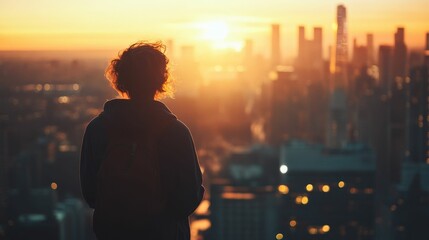 Fototapeta premium Silhouette of a person looking at sunrise over a city skyline.