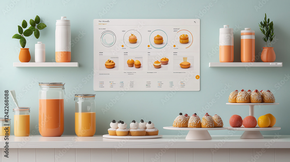 Poster modern kitchen display featuring colorful pastries, jars, and digital interface. scene combines vibr