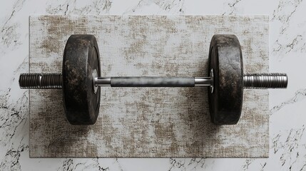 A top-down view of a weathered dumbbell resting on a textured surface, ideal for fitness and exercise themes