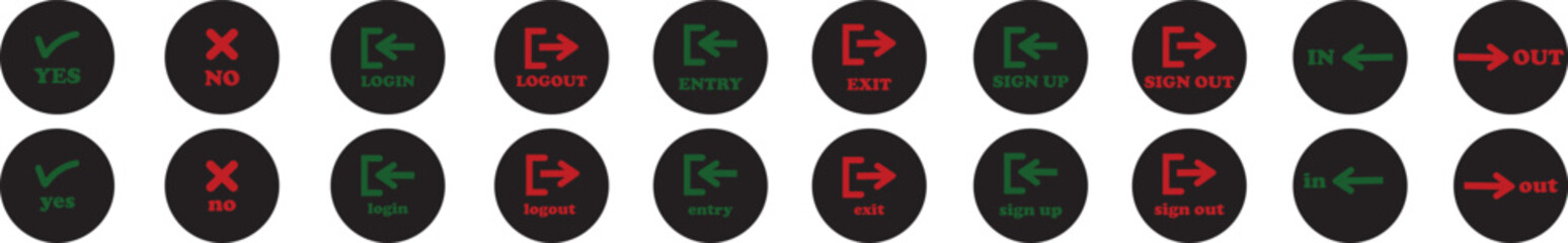 Login and logout icon set Set of sign out, Sign in vector vector collection. Open and close door symbol. Black in, out, exit and enter arrow, trendy flat style isolated on transparent background.