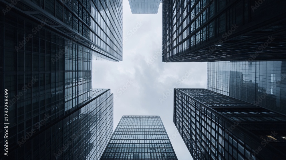 Aufkleber Modern skyscrapers creating a geometric pattern against a cloudy sky from a low angle view