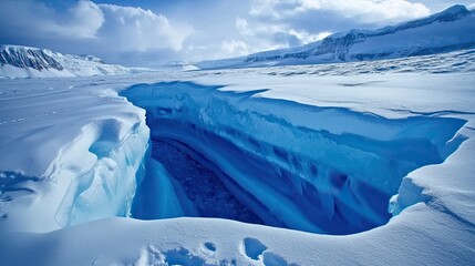 Dramatic Ice Crevasse in a Vast Frozen Landscape with Snow-Capped Mountains