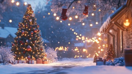 A festive holiday scene with twinkling lights, a decorated Christmas tree, and snow-covered ornaments outdoors