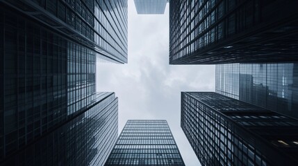 Fototapeta na wymiar Modern skyscrapers creating a geometric pattern against a cloudy sky from a low angle view