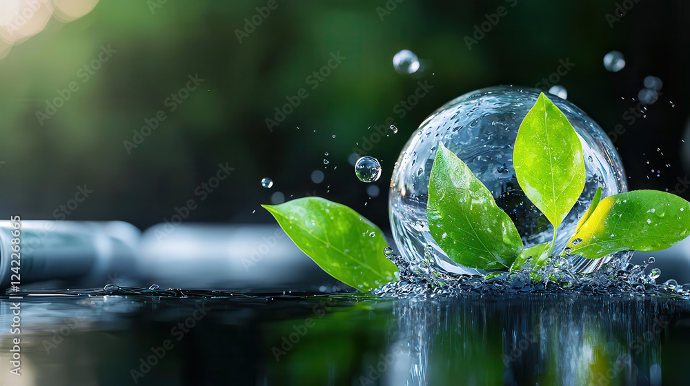 Poster transparent sphere with water and green leaves, creating serene atmosphere. scene captures essence o