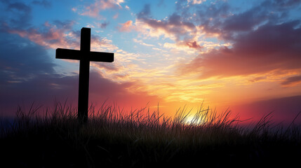 A simple, black and white image of an empty cross against a sunse