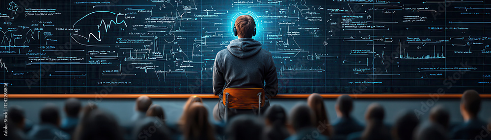 Poster student in lecture hall observes AI driven holographic data visualizations on digital screen, surrounded by engaged audience
