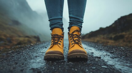 Yellow boots on a muddy path in a foggy mountain landscape