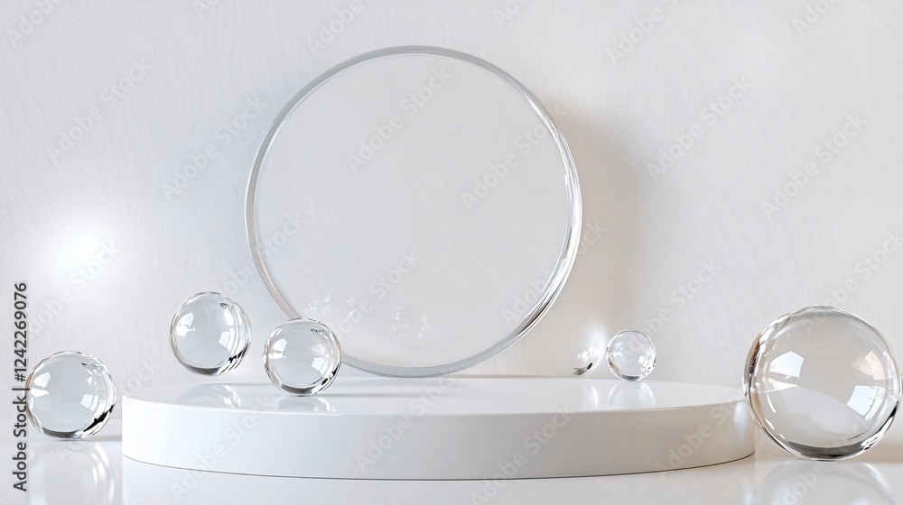 Poster 3d rendering of a round white podium featuring clear crystal balls and a glass enclosure