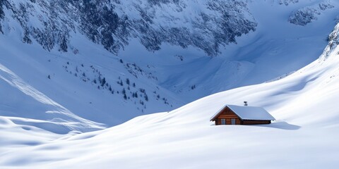 A minimalist photo of a single cabin at the base of a snowy mountain, surrounded by untouched white snow