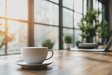 Obraz premium A cup of coffee placed on a wooden table next to a laptop with an open screen and a notebook in a cozy indoor workspace setting