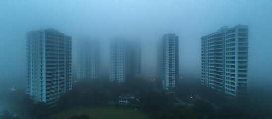 Obraz premium Foggy urban landscape featuring tall residential buildings shrouded in mist at dawn, with soft lights