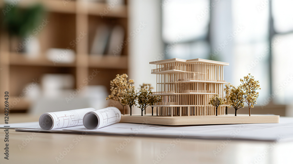 Aufkleber workspace filled with unfinished building model, blueprints, and decorative trees creates creative a