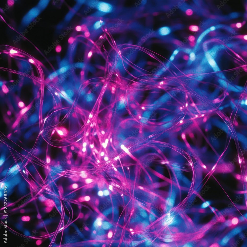 Poster glowing fiber optic threads create a vibrant abstract pattern against a dark background, perfect for