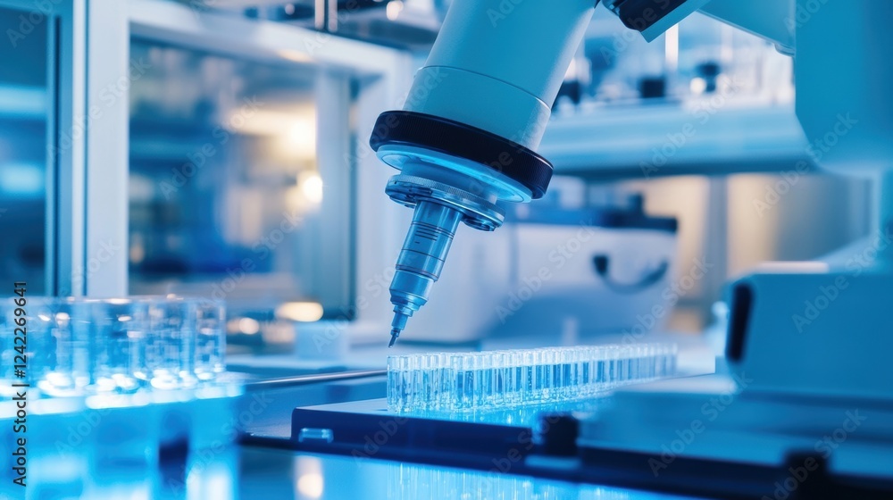 Poster a medium closeup of a modern laboratory setup with robotics and automation where a robotic arm caref